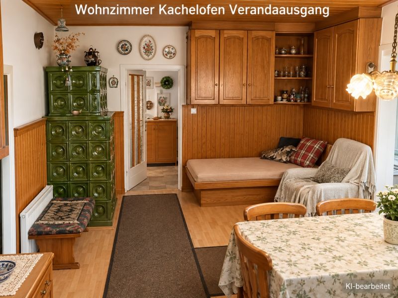 Living room of a family house with a tiled stove and wooden decor.