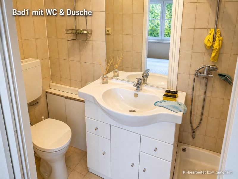 Bathroom of a family house with a sink, toilet, and shower.