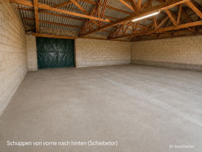 A spacious garage with an exposed roof structure and a concrete floor in a family house.