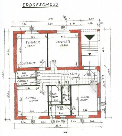 Floor plan of a family house with the layout of rooms, bathroom, kitchen, and hallway.