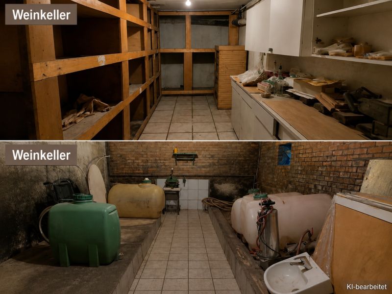 Wine cellar in a family house with shelves and tanks.