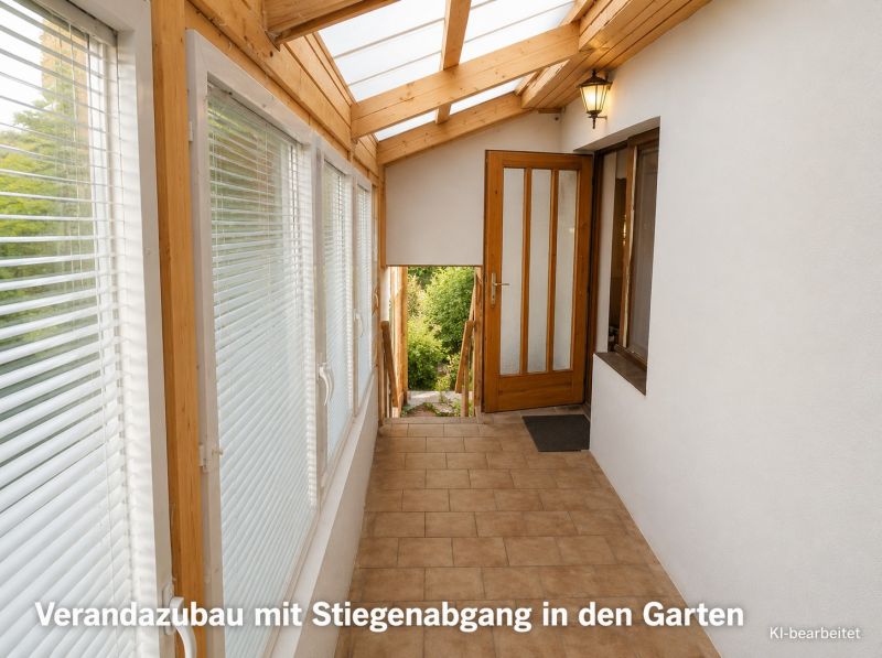 A veranda with a glass roof and staircase in a family house.