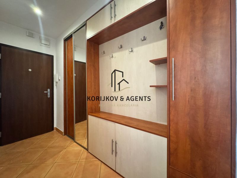 Entrance hall with built-in storage and a wooden decor floor in a 4-room apartment.