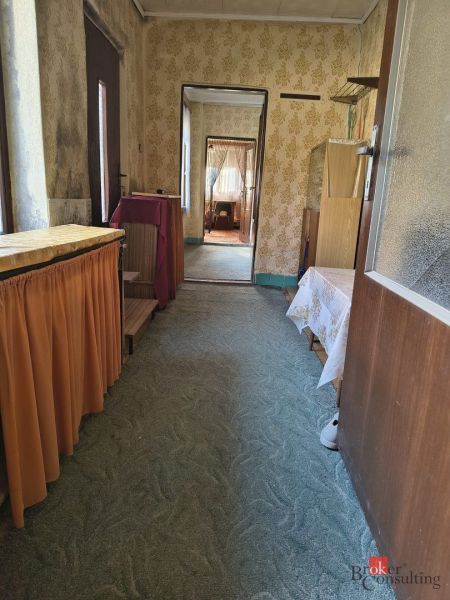 A hallway in a family house with a carpet and floral wallpaper.