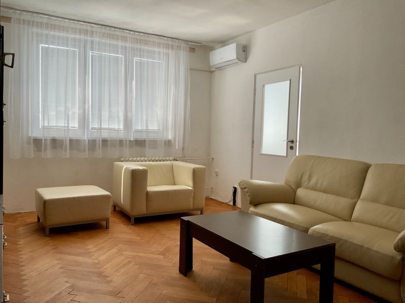 Living room in a two-room apartment with a cream sofa and a wooden decor floor.