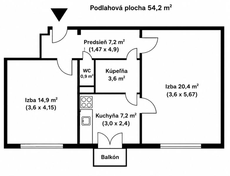 Floor plan of a 2-room apartment with an area of 54.2 m², a balcony, and a kitchen.