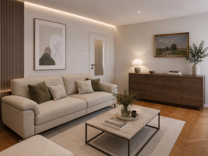 Living room with a sofa and a table in a 2-room apartment with a wooden decor floor.