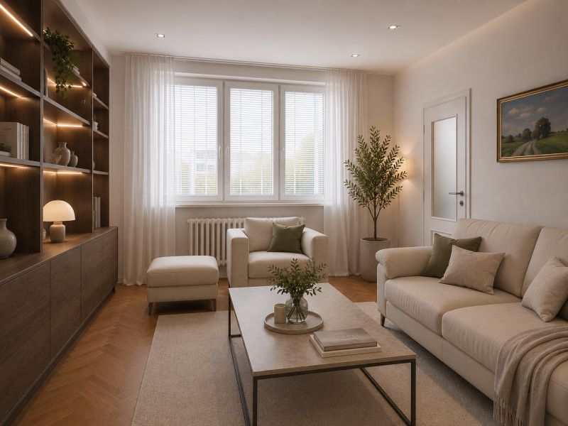 Living room in a two-room apartment with wood-patterned flooring, beige furniture, and greenery.