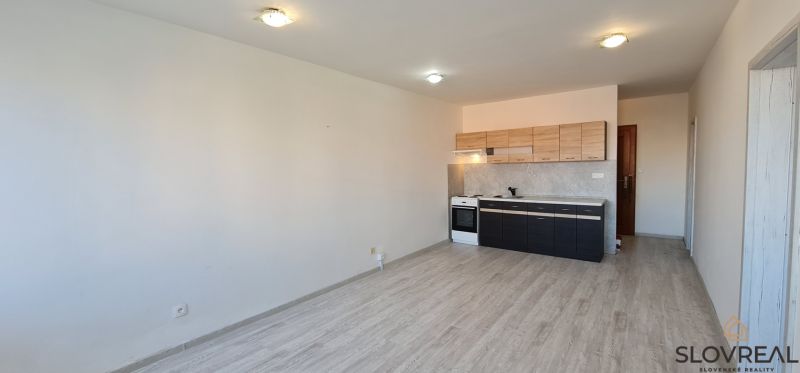 A kitchen in a 2-room apartment with a wooden decor floor and a kitchen unit.