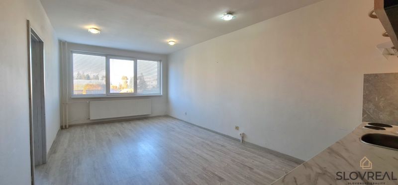 A bright room with a wood-patterned floor in a two-room apartment, large window.
