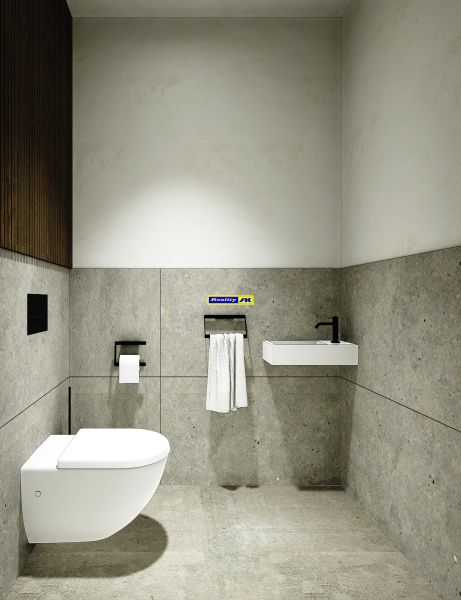 Bathroom in a three-room apartment with stone walls and a wall-mounted toilet.