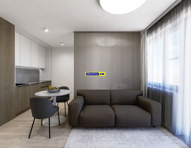 Living area of a 3-room apartment with a sofa and a dining table, floor with wooden decor.