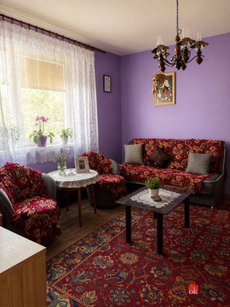 Living room in a family house with purple walls, a red carpet, and flowers on the window.