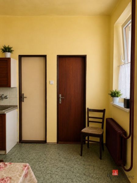 A kitchen in a family house with yellow walls, dark brown doors, and a radiator.
