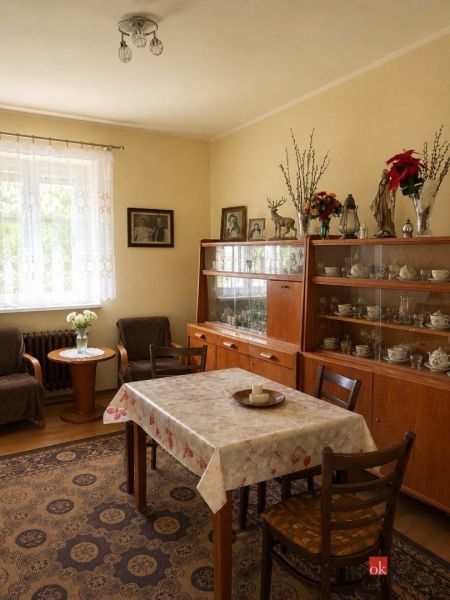 Traditional dining room in a family house with a display cabinet and a carpet on a wood-patterned floor.