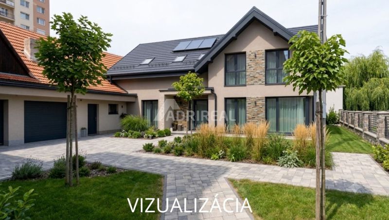 A family house in Dobrá Niva with a landscaped garden and stone cladding on the facade.