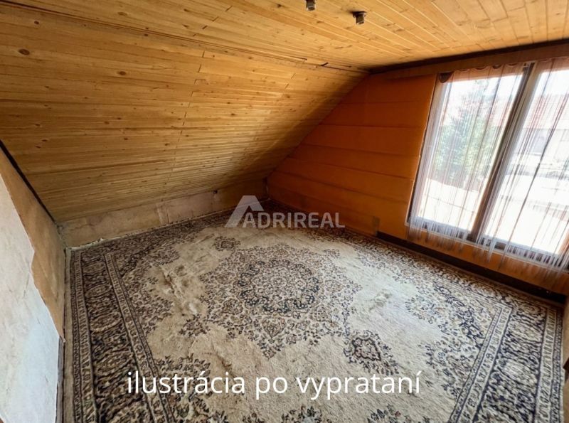 Attic room in a family house, wooden-paneled ceiling, large carpet on the floor.