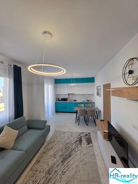 Living room of a two-room apartment with stylish lighting, kitchen, and comfortable sofa.