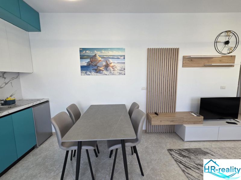 A bright kitchen in a 2-room apartment with a table, a picture of shells, and a television.