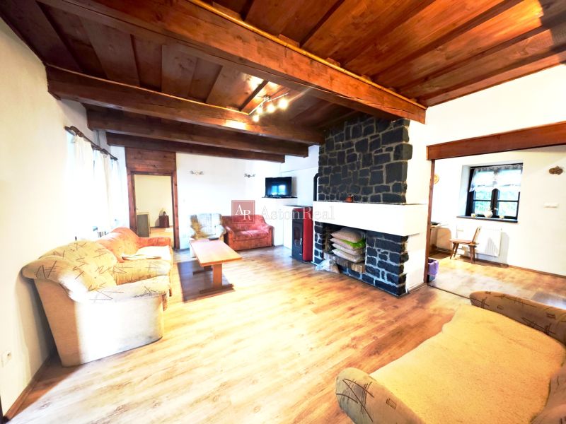 Living room in a cottage with a fireplace, sofas, and a wooden decor floor.