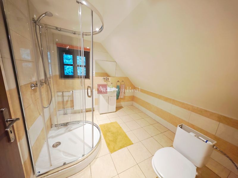 A bathroom in a cabin with a corner shower and a window view.