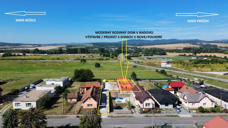 Construction of a row house on a street in Nová Polhora. Panorama and nature.