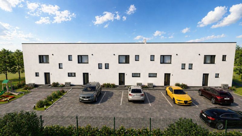 A family house in Nová Polhora on Nová Polhora Street with a parking lot and a children's playground.