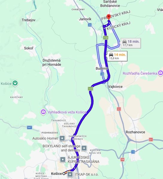 Map of the route between Košice and the area near Nová Polhora, intended for traveling by car.