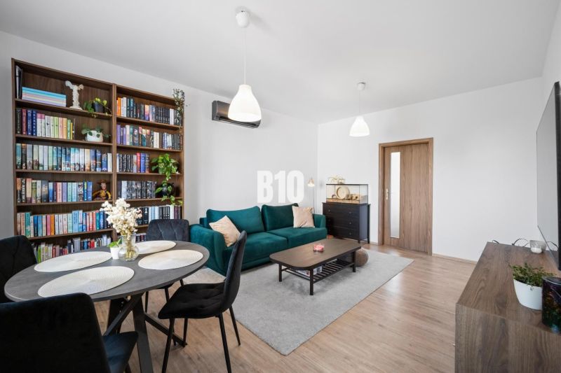 Living room in a two-room apartment with a wooden decor floor and a bookshelf.