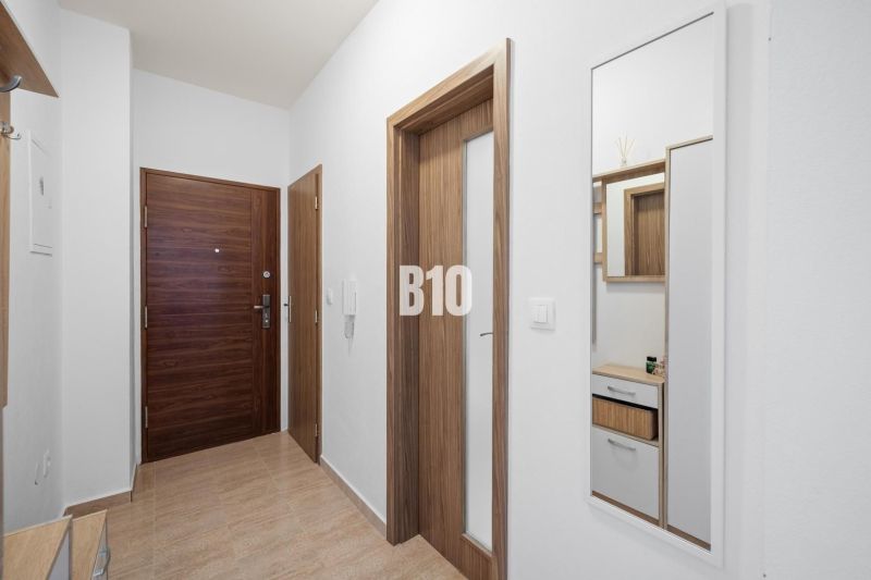 Entrance hallway with wooden doors and a mirror in a 2-room apartment.