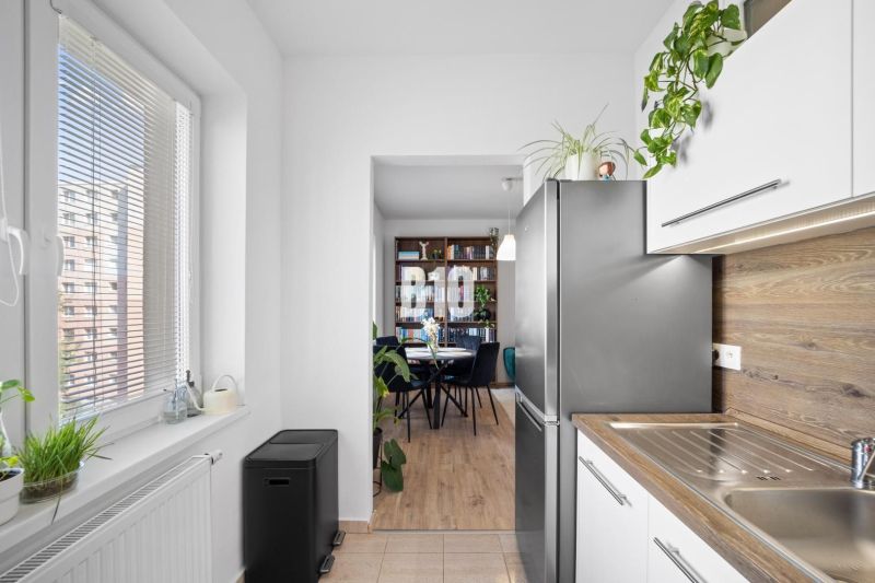 A kitchen in a 2-room apartment with a wooden decor floor and plants.
