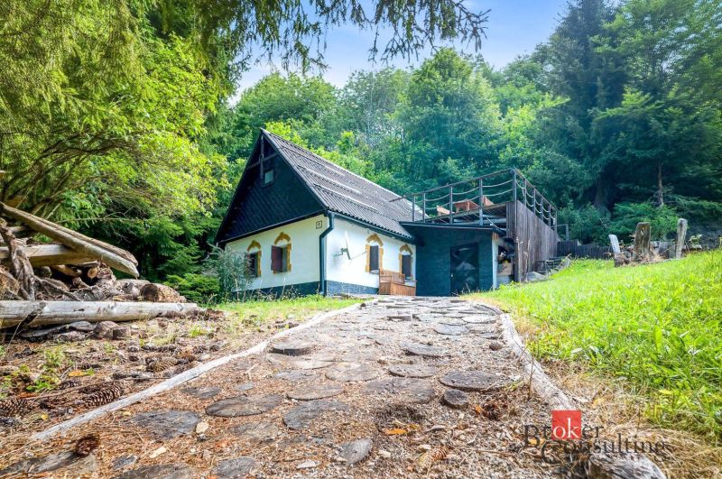 A cottage in Píla surrounded by dense forests, a stone path leads to the entrance.