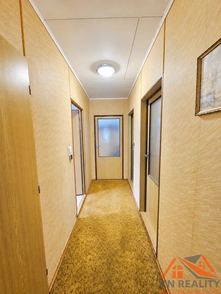 A hallway in a family house with a beige carpet and wooden doors.