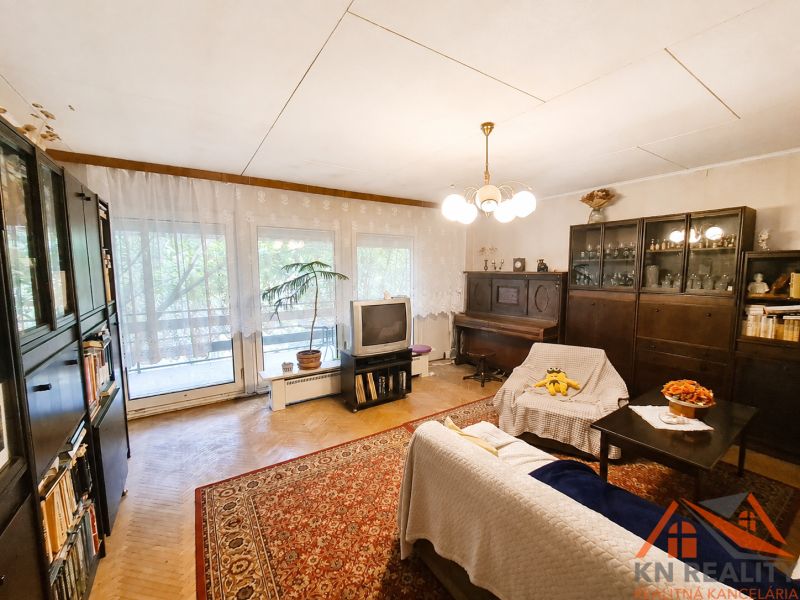 Living room in a family house with carpeted floor, furniture, and television.