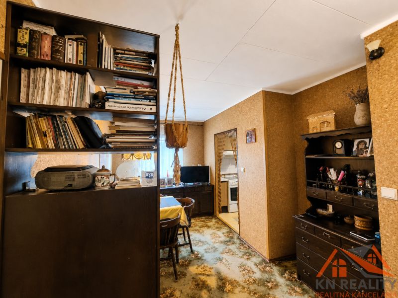 Living room in a family house with a bookshelf full of books and retro furniture.