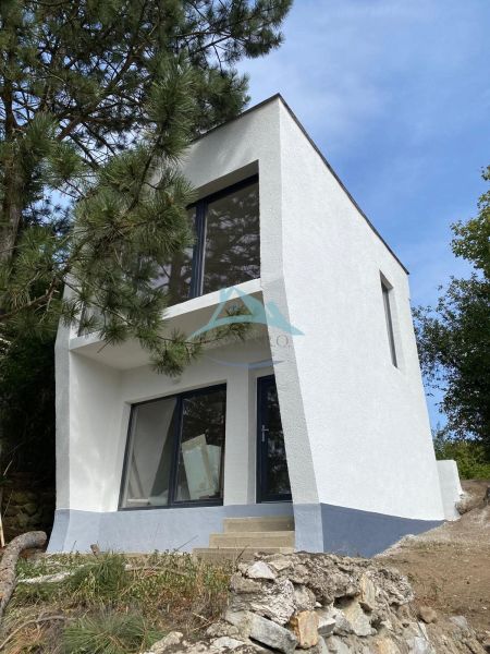 A modern white cottage in Šahy surrounded by nature and pine trees.