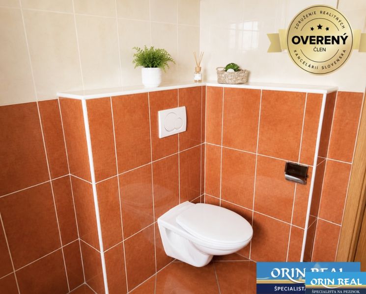 A bathroom with orange tiles and a wall-hung toilet in a studio apartment.