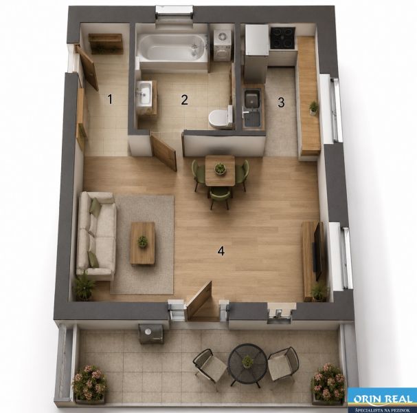 Floor plan of a 1-room apartment with wood-patterned flooring, living room, kitchen, and bathroom.