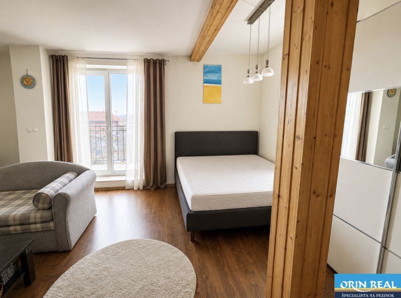 A one-room apartment with wooden floor decor, a sofa, and a bed.
