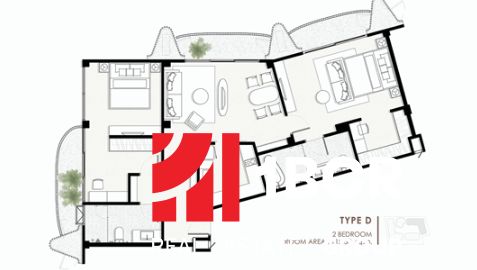 Floor plan of a 3-room apartment with a spacious living area and two bedrooms.