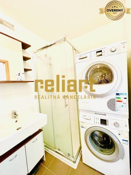 A bathroom in a studio apartment with a shower and a washer-dryer.