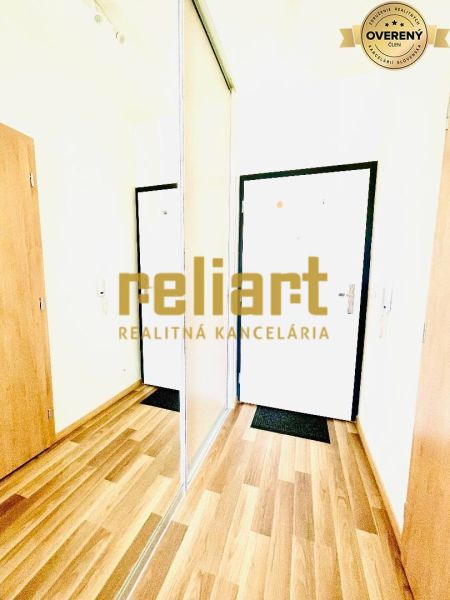 Interior of a 1-room apartment with a wooden decor floor and a mirrored wardrobe.