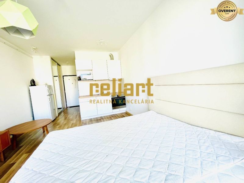Interior of a 1-room apartment with a wooden decor floor, kitchenette, and bed.