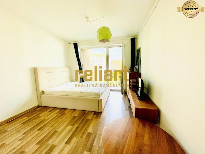 Interior of a 1-room apartment with a bed, television, and wooden decor flooring.