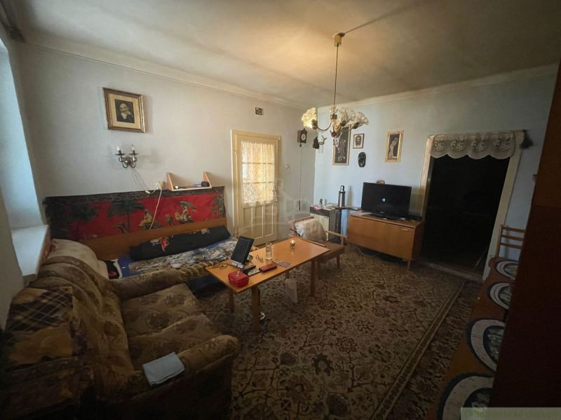 Living room in a family house with antique furniture, a sofa bed, and a television.