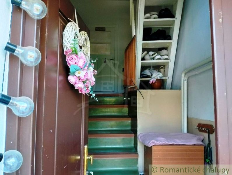 Entrance to the family house with a staircase, storage spaces, and fresh flowers.