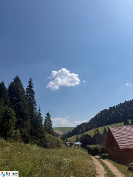 Recreational plots in Litmanová with a forest, road, and wooden cottages under the blue sky.