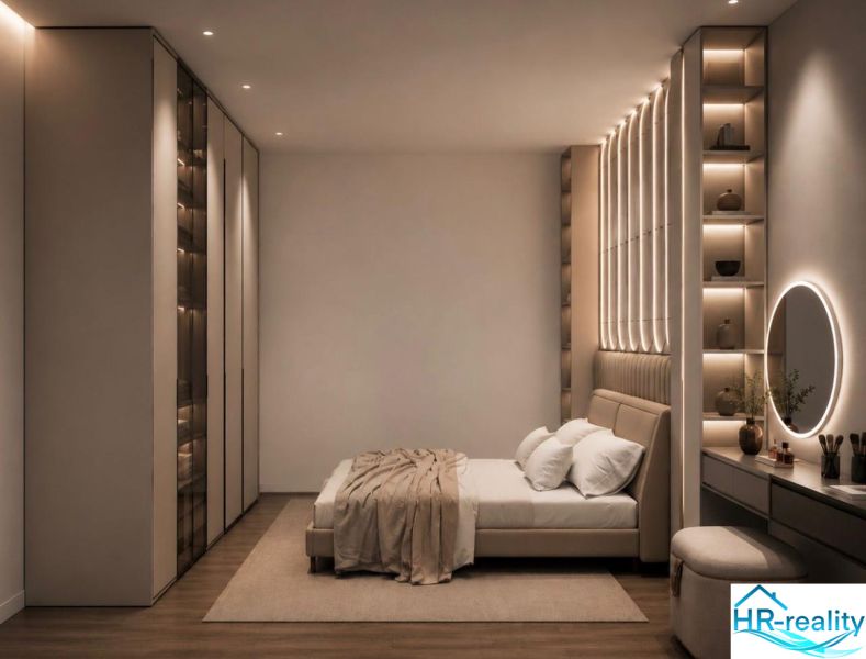 Bedroom with a bed and wooden decor flooring in a holiday apartment.
