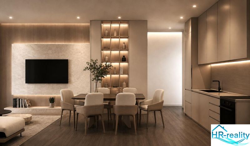 Stylish interior of a holiday apartment with a wood-decor floor and tasteful lighting.