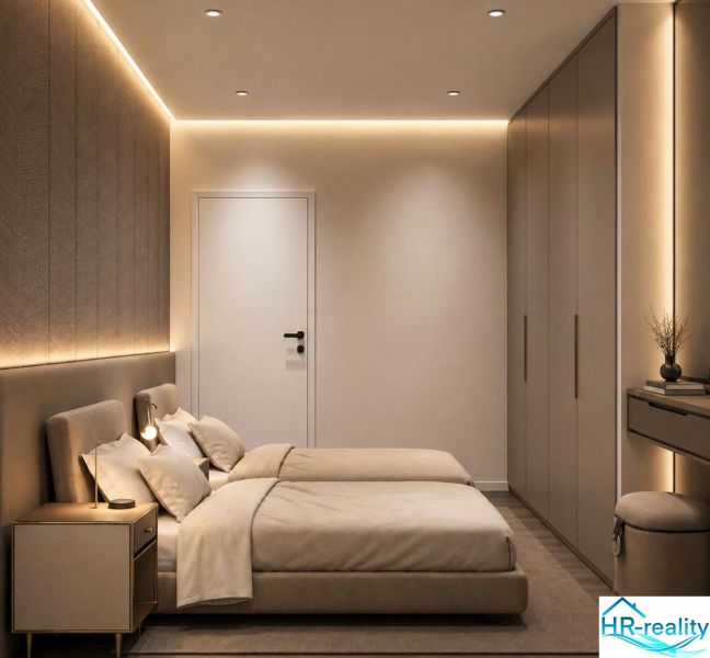 Bedroom in a holiday apartment with a double bed, built-in wardrobes, and soft lighting.